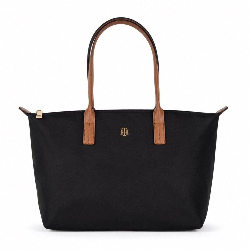 Tommy Hilfiger Women Black Nylon Tote Bag Tan Handles XW09273 001 BEH